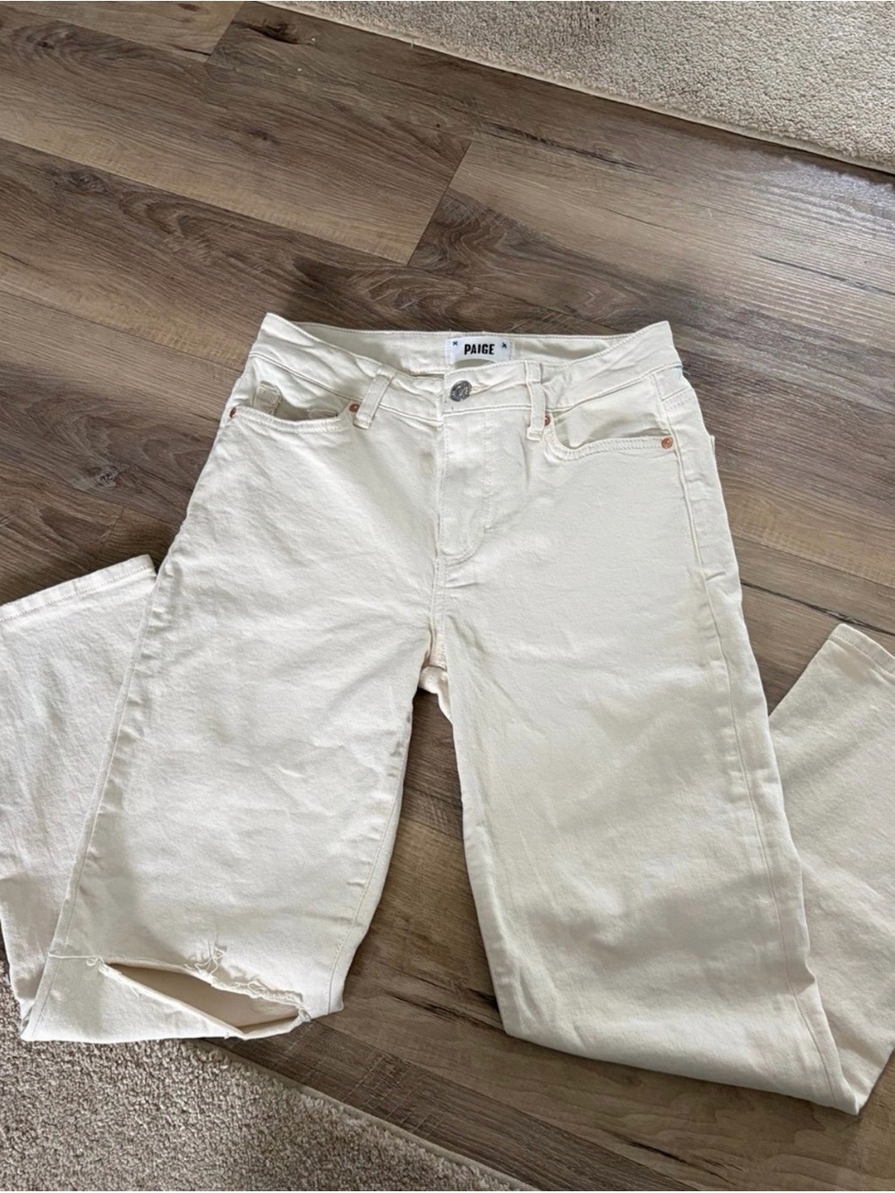 PAIGE Distressed Straight Leg Jeans Off-White Cream Ecru Knee Slit Denim Size 26